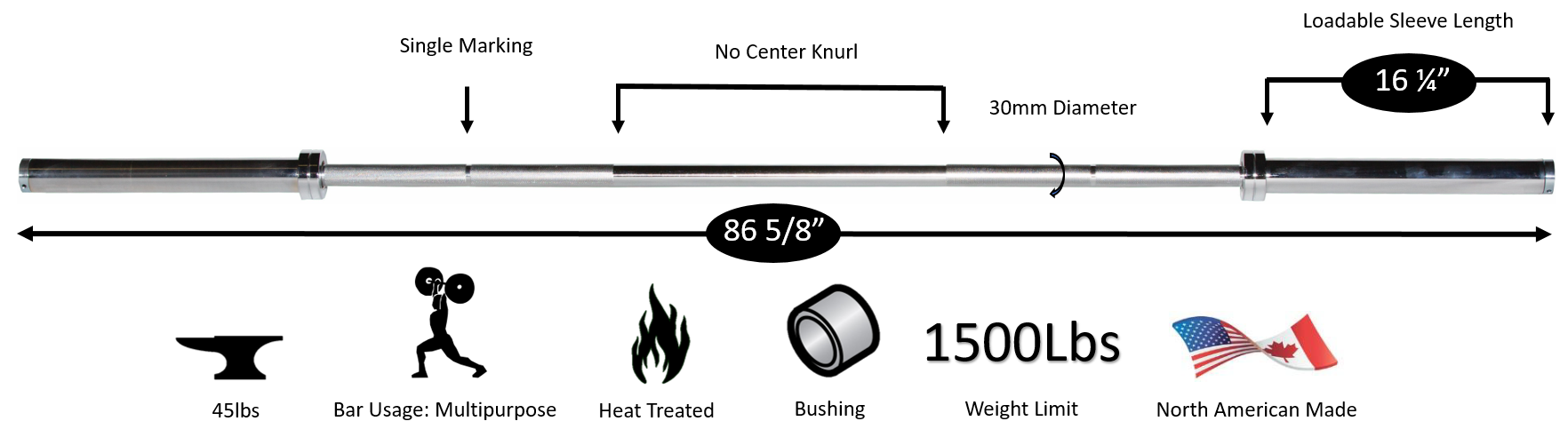 New York 7  North American Chrome Bar 1500 lb Test - 30 mm Freeweights & Accessories