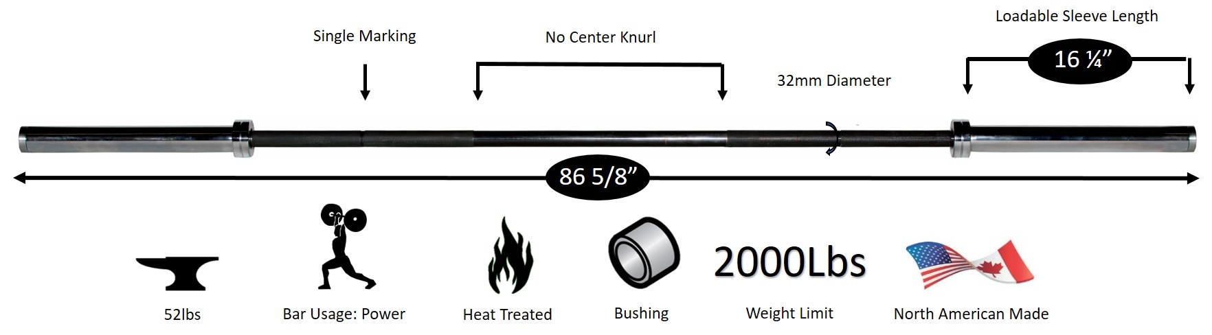 New York 7'  North American Black Oxide Bar  2000 lb Test - 32 mm Freeweights & Accessories